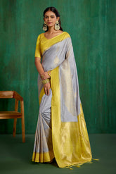 Shop Elegant Grey Banarasi Art Silk Woven Ready to Wear Saree Online - Best Prices-RTW-2069